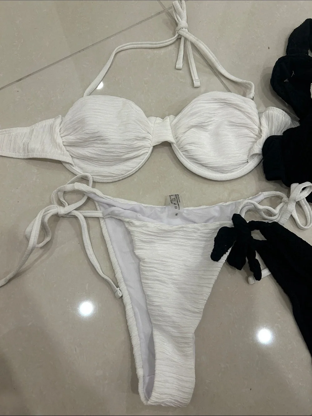 H&M Black & White Textured Tie-Side Bandeau Bikini Set
